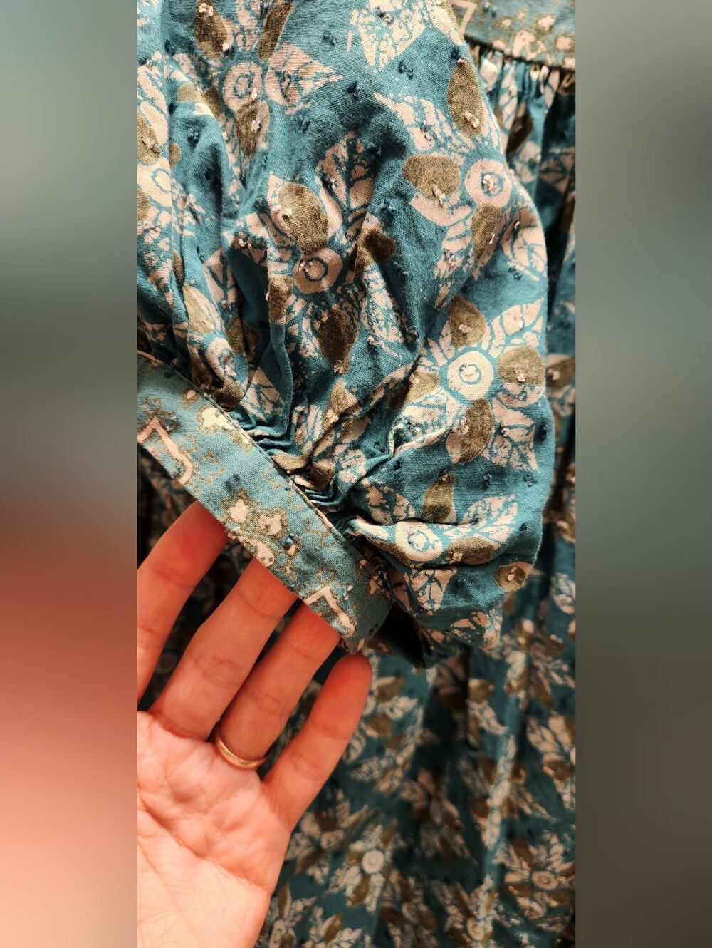 Free People Size L Teal Green Maxi Dress Balloon Sleeve Beaded Detail Stunning - Picture 11 of 17